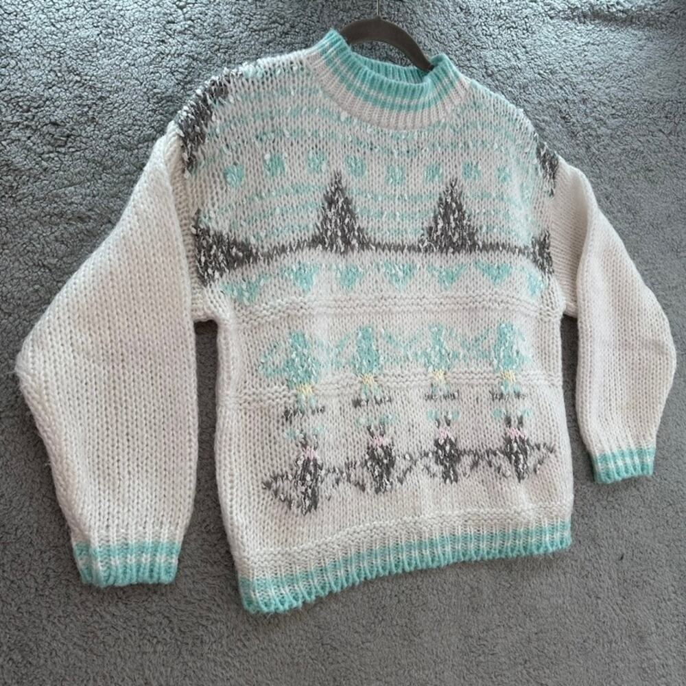 VTG Helium 80's Women's Large Knit Sweater Crew Neck White / Gray / Blue - Picture 5 of 11